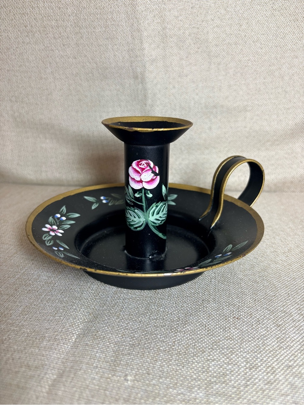 Vintage Centrum Toleware Chamberstick Candle Holder Hand Painted Floral 1989